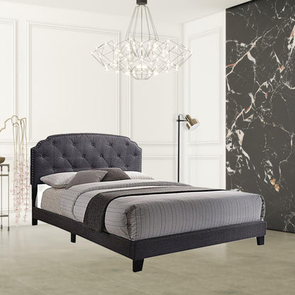 Queen Tufted Gray Upholstered Linen Bed With Nailhead Trim