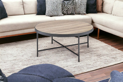 32" Brown And Black Iron Round Distressed Coffee Table