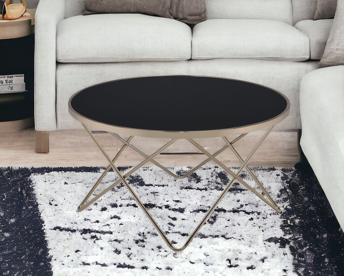 34" Black And Gold Glass And Iron Round Coffee Table
