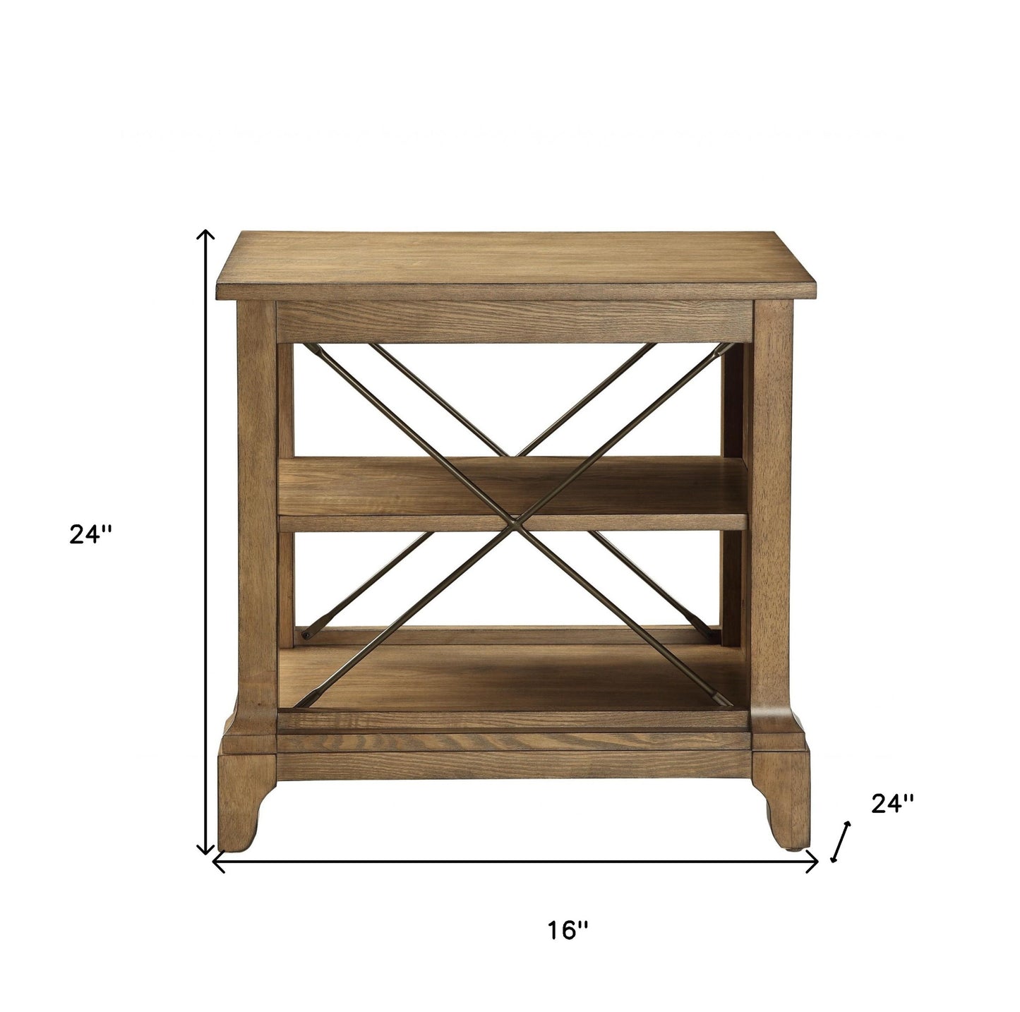 24" Oak And Brown End Table With Two Shelves