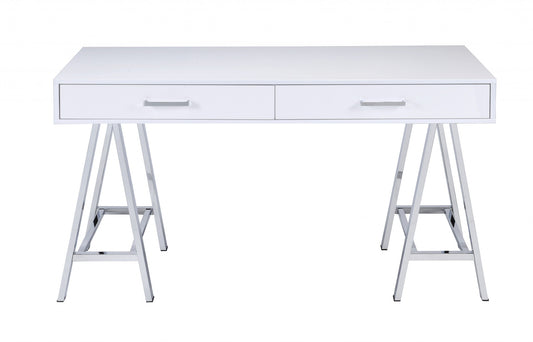 54" White And Silver Writing Desk With Two Drawers