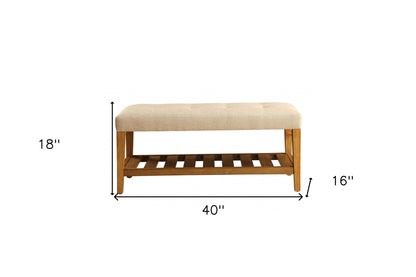 40" Beige and Brown Upholstered Polyester Bench with Shelves