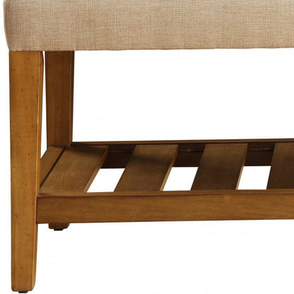 40" Beige and Brown Upholstered Polyester Bench with Shelves