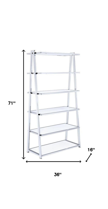 71" White And Silver Metal Five Tier Ladder Bookcase
