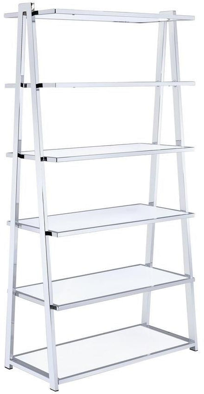 71" White And Silver Metal Five Tier Ladder Bookcase