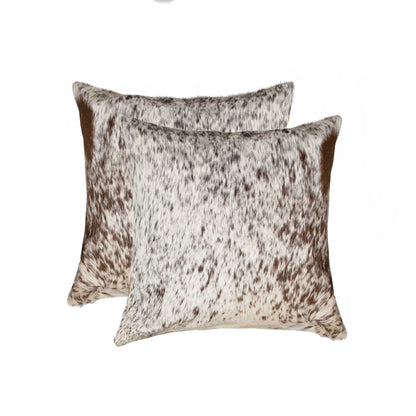 Set of Two 18" X 18" Brown and White Animal Print Cowhide Zippered Pillow