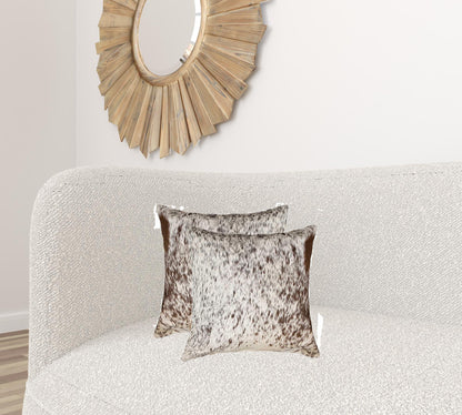 Set of Two 18" X 18" Brown and White Animal Print Cowhide Zippered Pillow