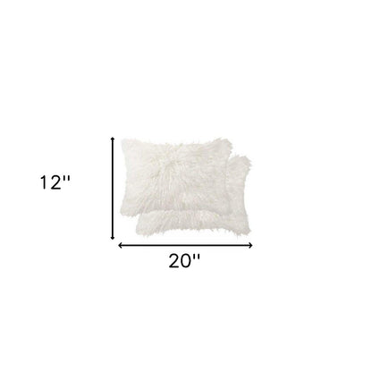 Set of Two 12" X 20" Off White Faux Fur Zippered Pillow