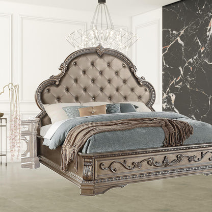 Solid Wood King Tufted Champagne Upholstered Faux Leather Bed With Nailhead Trim