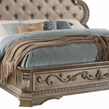 Solid Wood King Tufted Champagne Upholstered Faux Leather Bed With Nailhead Trim