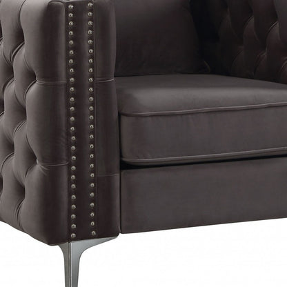 40" Dark Slate Gray And Silver Velvet Tufted Chesterfield Chair