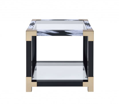 25" Black And Gold And Clear Glass Mirrored End Table With Shelf
