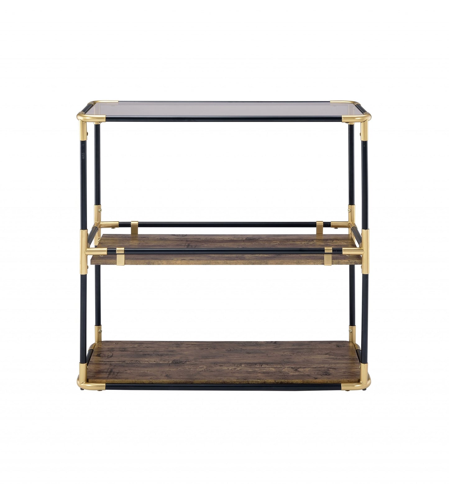 33" Black And Gold And Clear Glass Mirrored End Table With Two Shelves