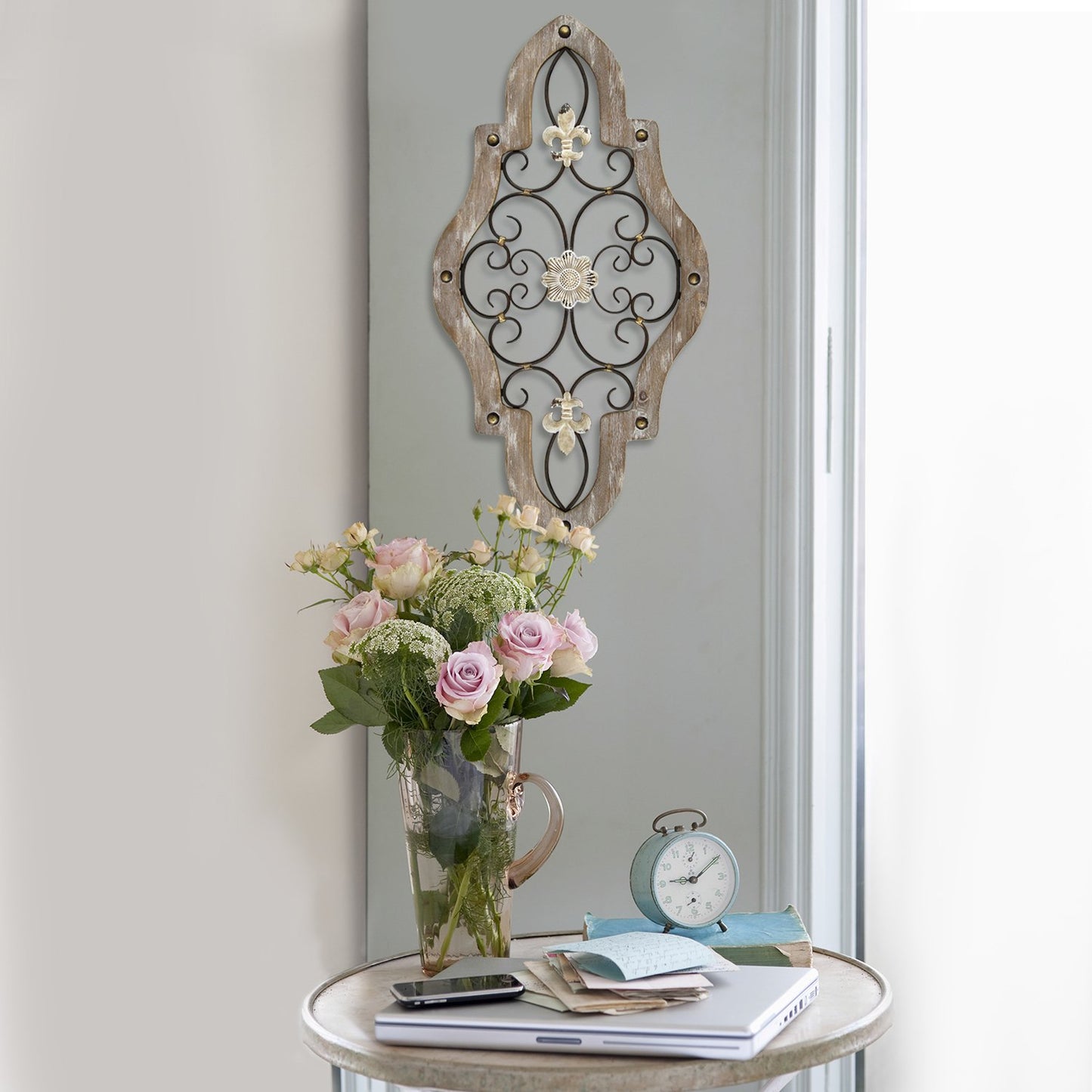 30" X 16" White Washed Metal Wall Decor