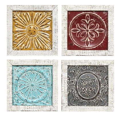 Set Of 4 Distressed Medallion Metal And Wood Framed Wall Art