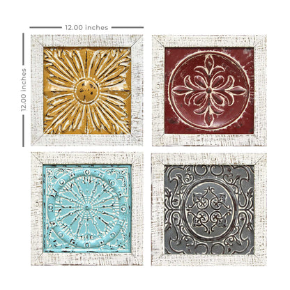 Set Of 4 Distressed Medallion Metal And Wood Framed Wall Art
