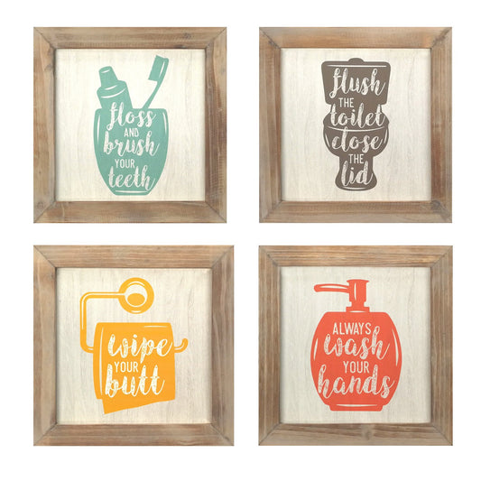 Floss  Flush  Wipe  Wash Metal And Wood Framed Wall Art