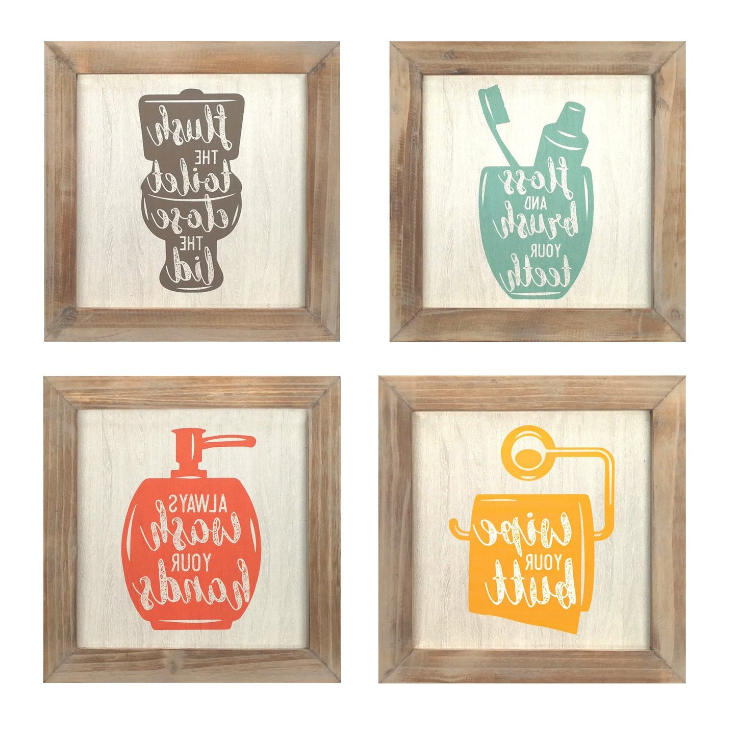 Floss  Flush  Wipe  Wash Metal And Wood Framed Wall Art