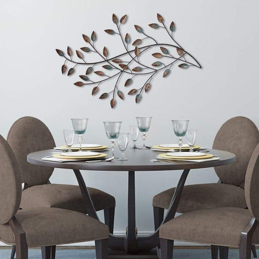 Gold And Teal Blowing Leaves Metal Wall Decor