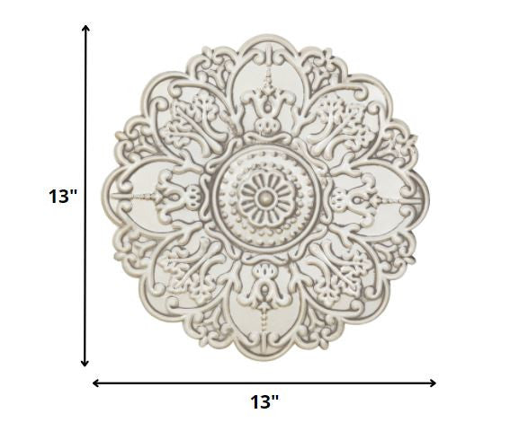 13" White Medallion Distressed Metal Wall Decor