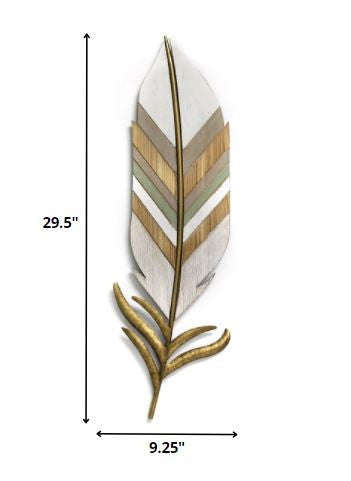 29" x 9" White and Gold Feather Wall Decor
