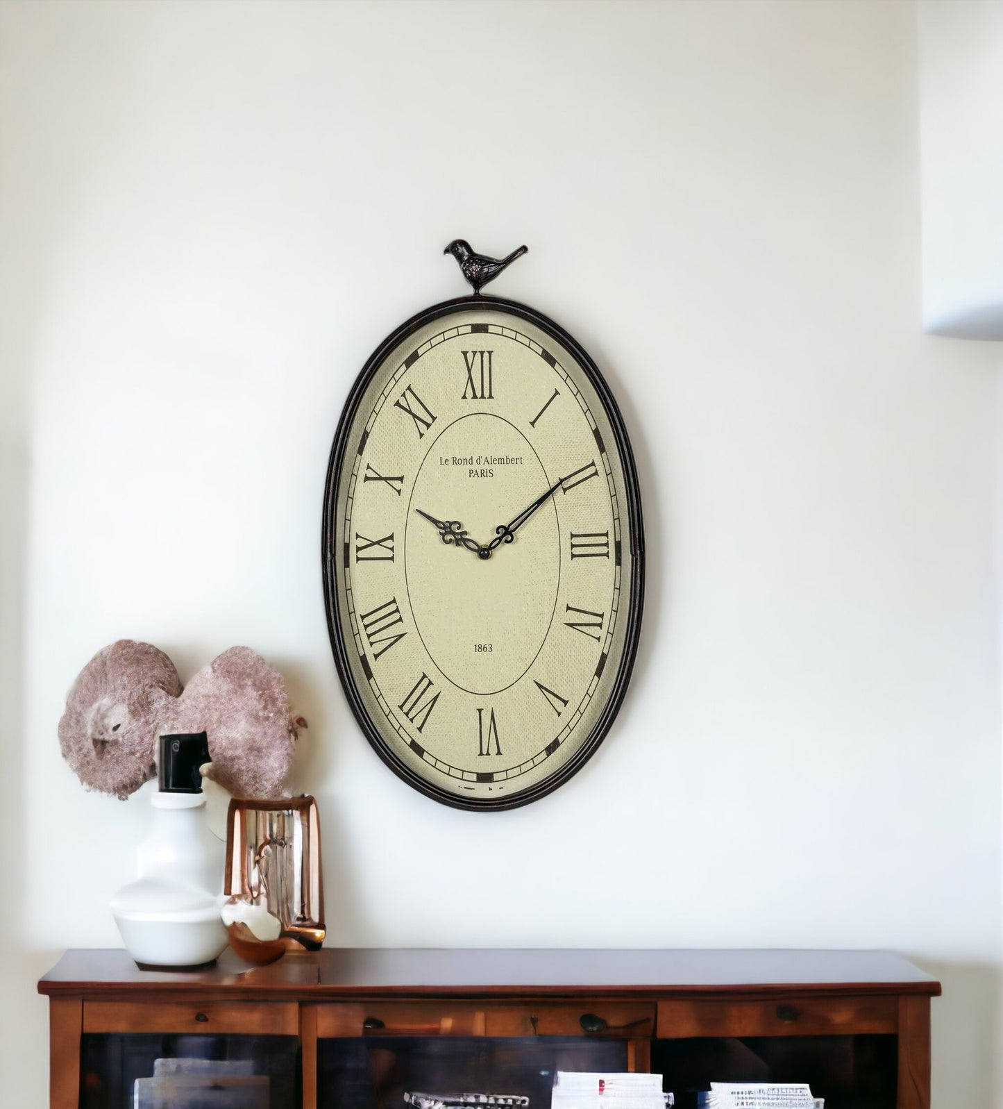 11" Oval Distressed Gunmetal Bird Analog Wall Clock