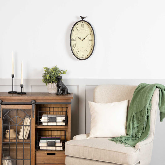11" Oval Distressed Gunmetal Bird Analog Wall Clock