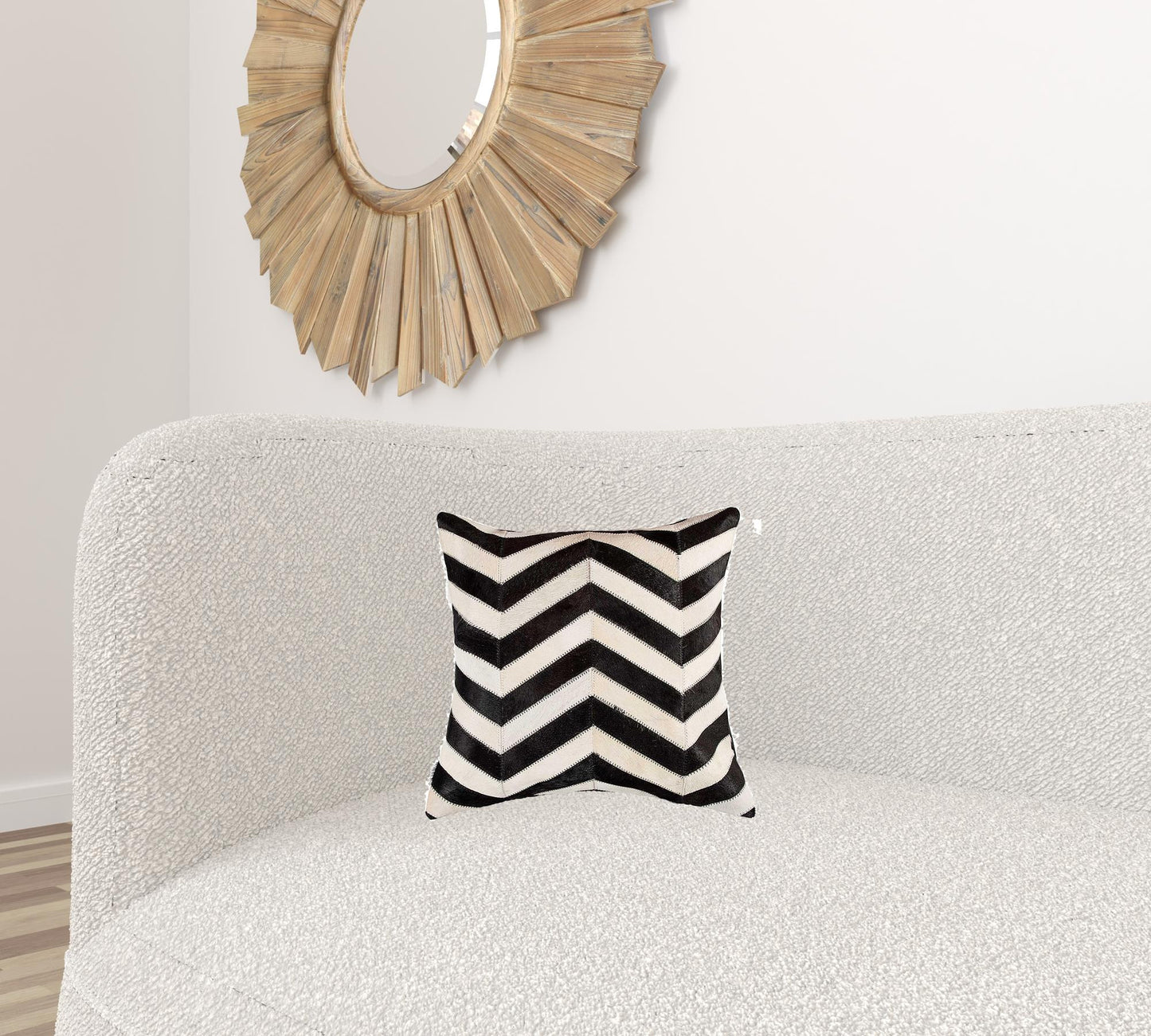 18" X 18" Black and Off White Chevron Cowhide Pillow