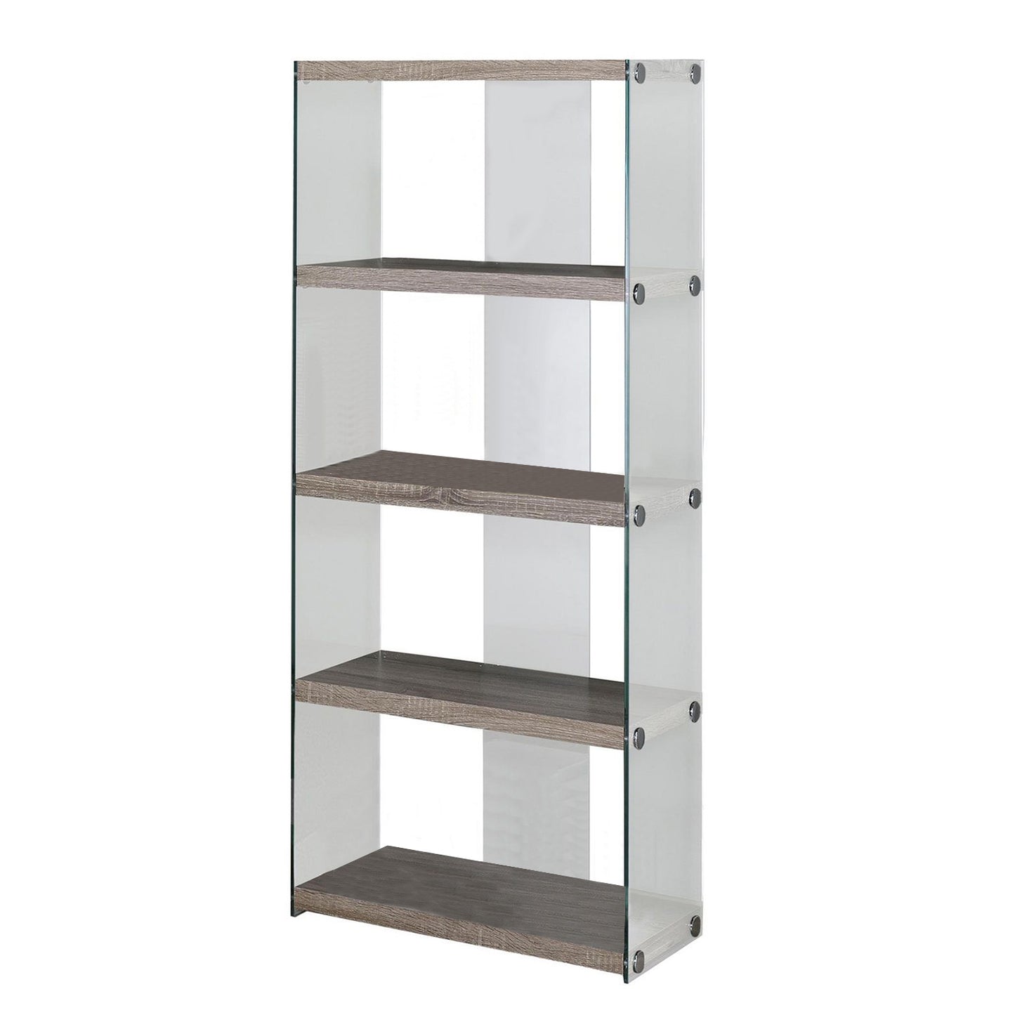 60" Grey Cement Particle Board And Clear Tempered Glass Bookcase