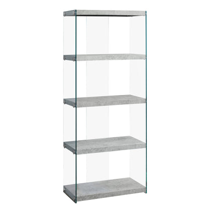 60" Grey Cement Particle Board And Clear Tempered Glass Bookcase