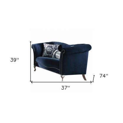 37" X 74" X 39" Blue Velvet Upholstery Acrylic Leg Loveseat W2 Pillows