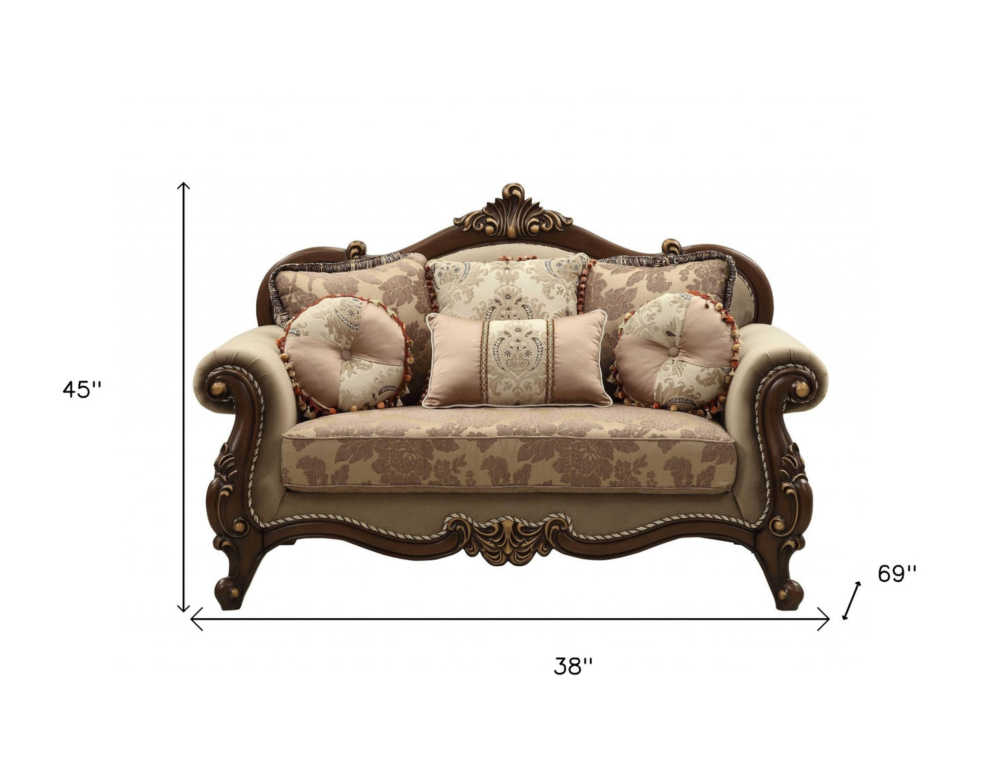 38" X 69" X 45" Fabric Walnut Upholstery Wood Legtrim Loveseat W6 Pillows