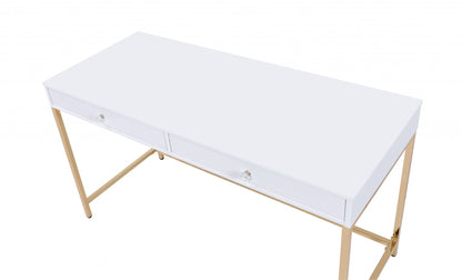 47" White And Gold Mirrored Computer Desk With Two Drawers