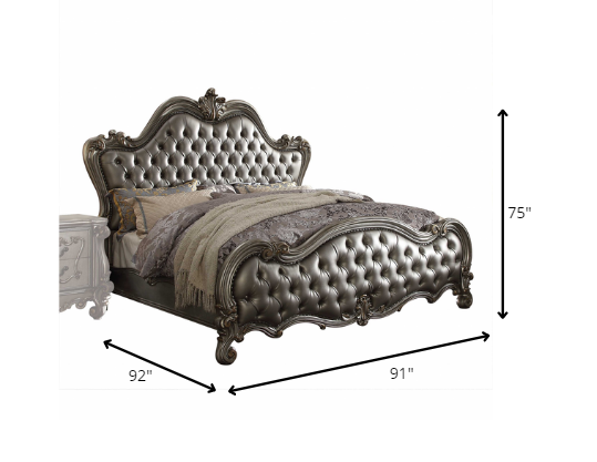 King Tufted Silver Upholstered Faux Leather Bed With Nailhead Trim