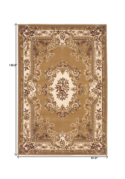 8'X11' Beige Ivory Machine Woven Hand Carved Floral Medallion Indoor Area Rug