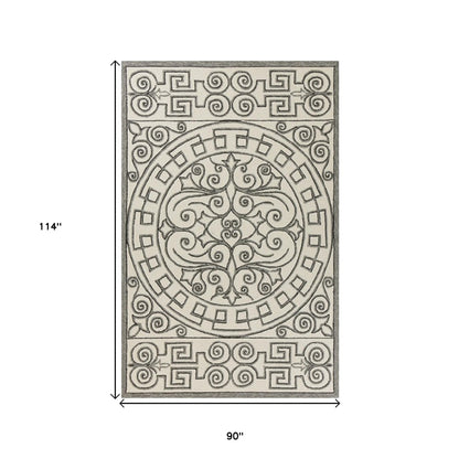 8'X10' Ivory Grey Hand Woven Uv Treated Greek Key Medallion Indoor Outdoor Area Rug