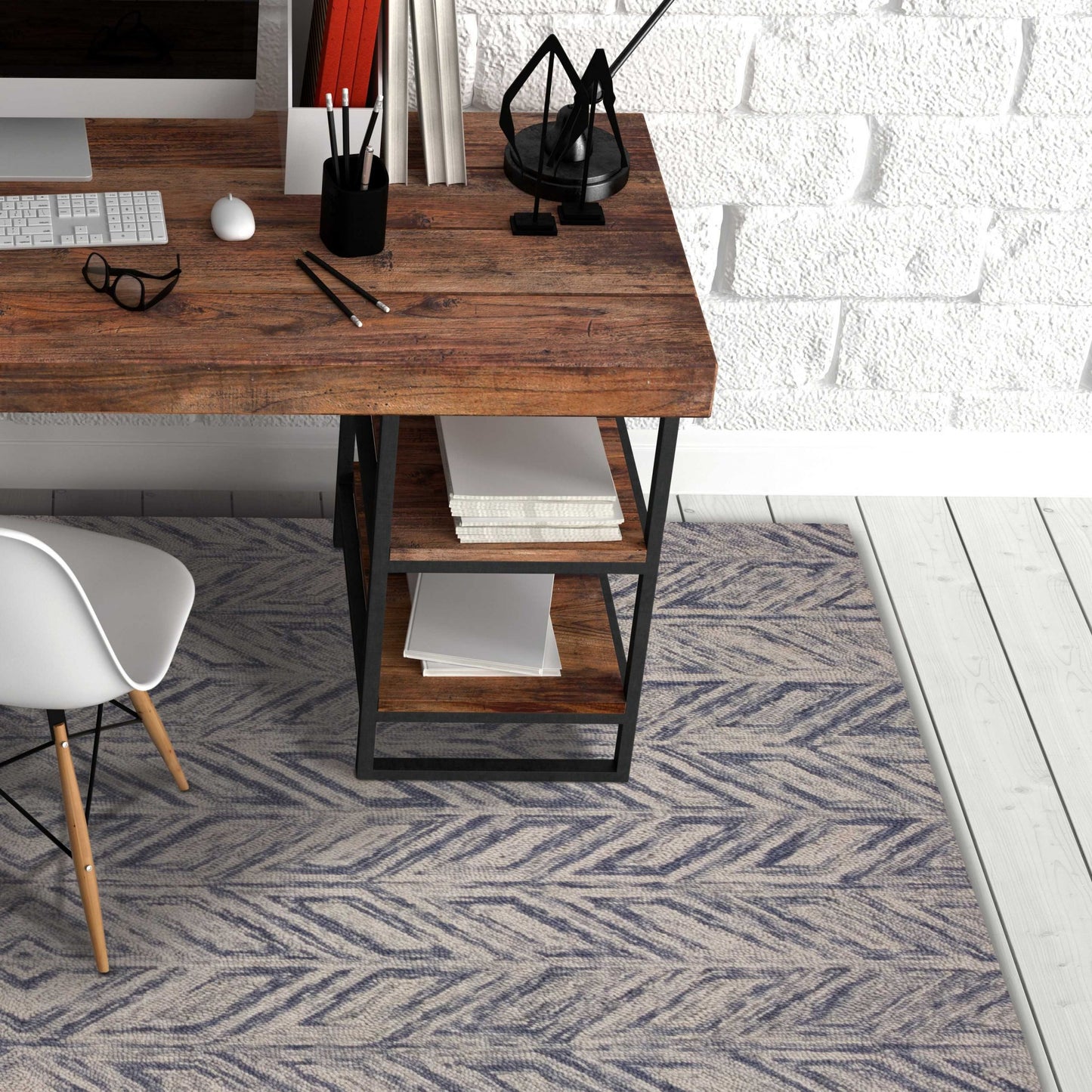5'X7' Blue Hand Tufted Wool Herringbone Indoor Area Rug