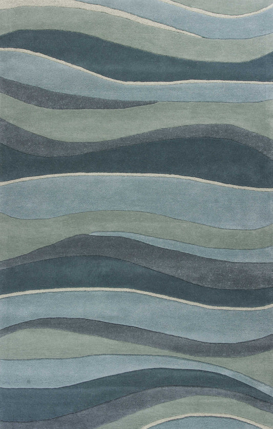 3'X5' Ocean Blue Teal Hand Tufted Abstract Waves Indoor Area Rug