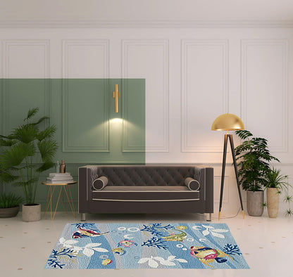 3'X5' Blue Hand Hooked Marine Life Indoor Area Rug