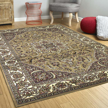 5'X8' Beige Ivory Machine Woven Floral Medallion Indoor Area Rug
