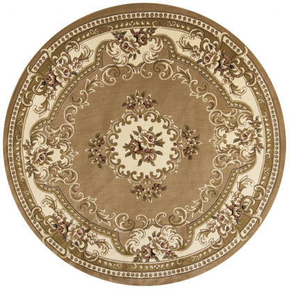 8'X11' Beige Ivory Machine Woven Hand Carved Floral Medallion Indoor Area Rug