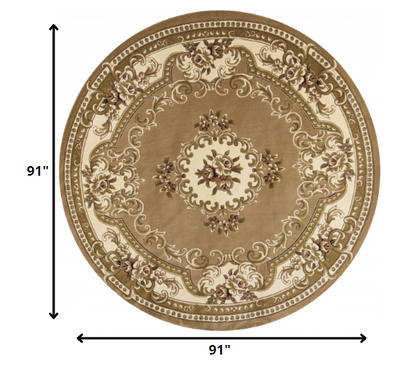 8'X11' Beige Ivory Machine Woven Hand Carved Floral Medallion Indoor Area Rug