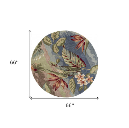 5' Round Blue Or Sage Tropical Leaves Indoor Area Rug