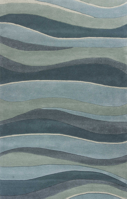 3'X5' Ocean Blue Teal Hand Tufted Abstract Waves Indoor Area Rug