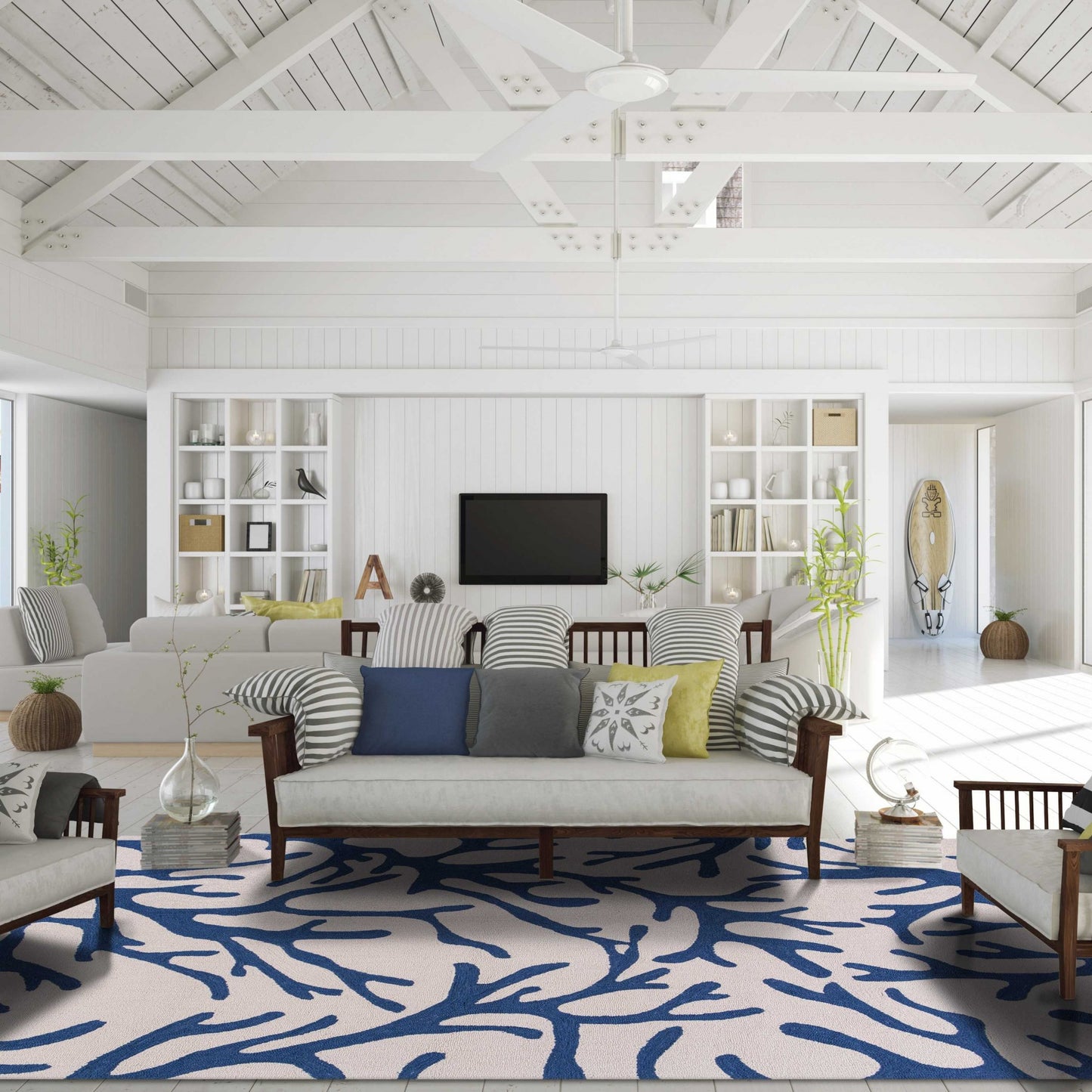 3' X 5' Ivory and Blue Coral Hand Hooked Area Rug