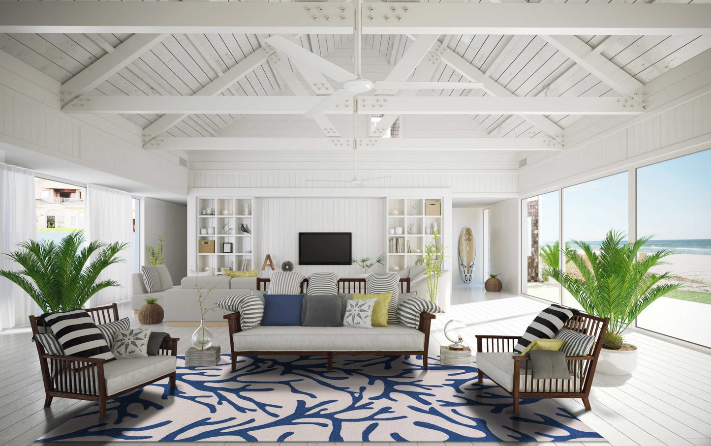 3' X 5' Ivory and Blue Coral Hand Hooked Area Rug