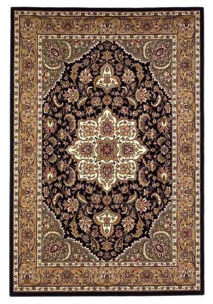2'X3' Black Beige Machine Woven Floral Medallion Indoor Accent Rug