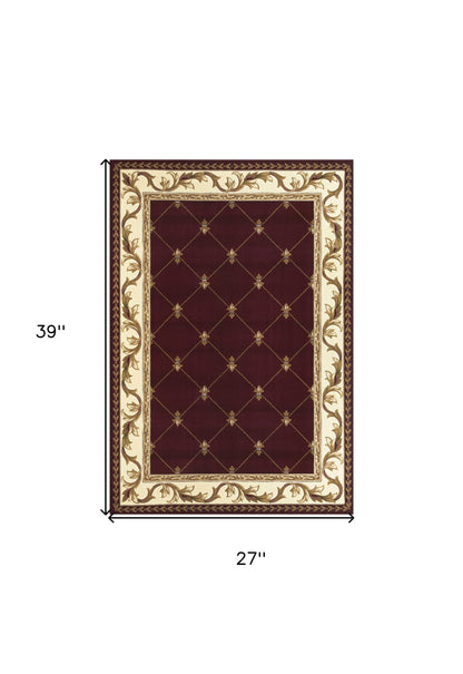 5' X 8' Red Fleur De Lis Diamond Bordered Indoor Area Rug