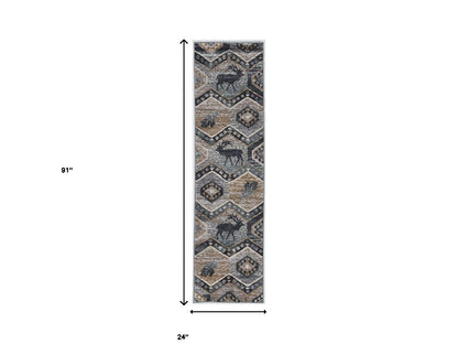 8' Seafoam Machine Woven Geometric Lodge Indoor Runner Rug