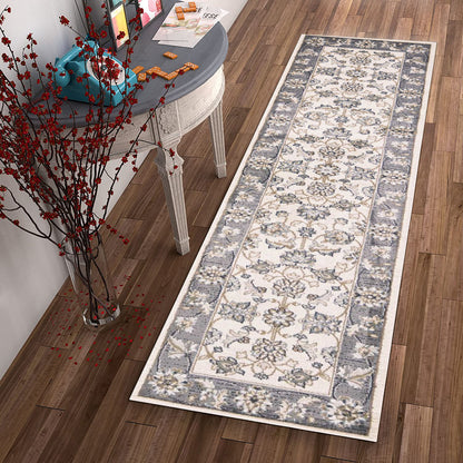 8' Ivory Grey Floral Round Indoor Area Rug